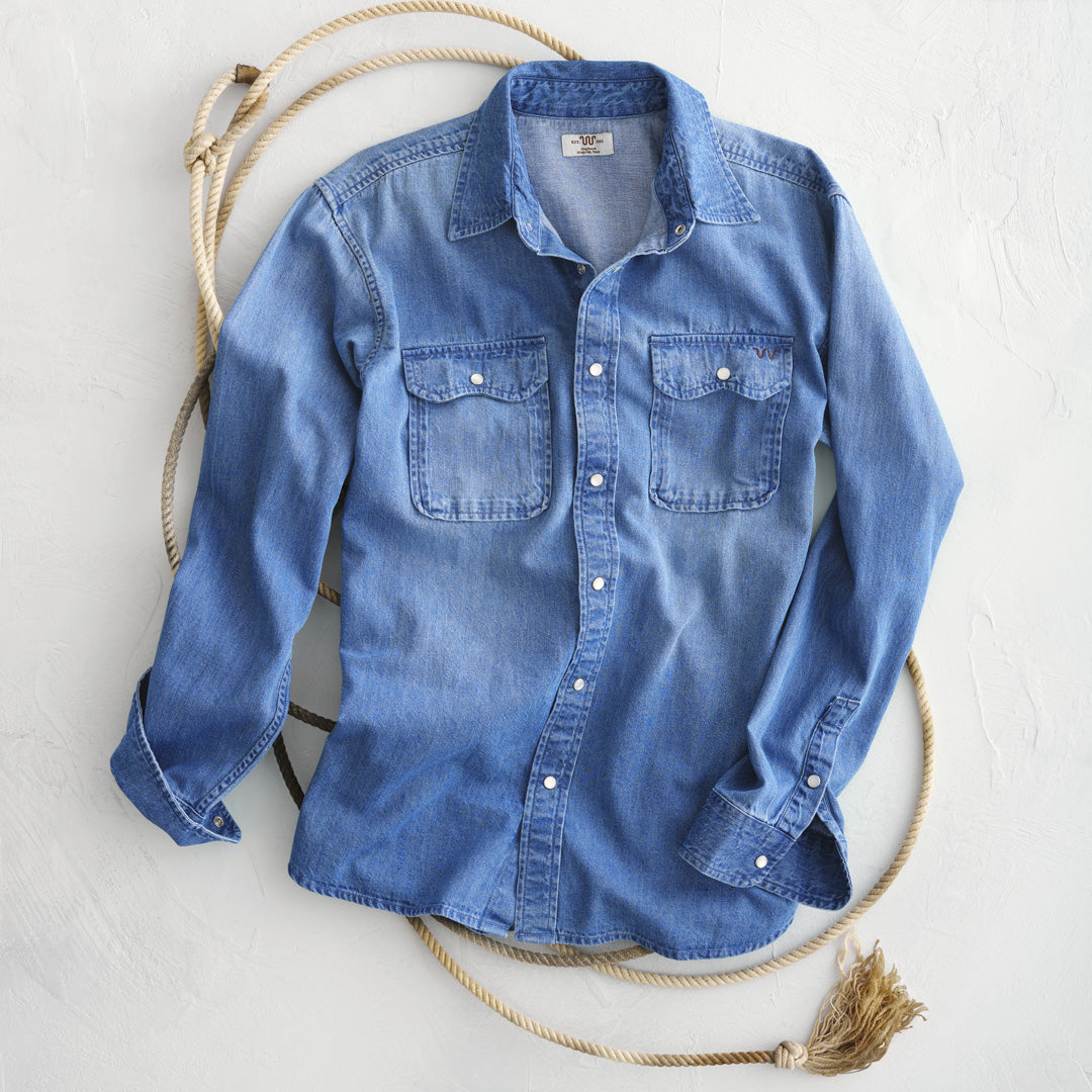 Men's Creek Barn Denim Shirt | Color: BLUE | Size: Medium by King Ranch Saddle Shop Men's Creek Barn Denim Shirt | Color: BLUE | Size: Medium by King Ranch Saddle Shop